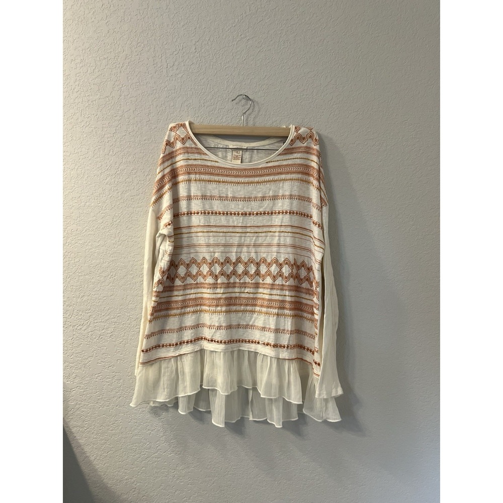 Sundance Top Womens L Ivory Embroidered 3/4 Sleeve Bohemian Ruffle Hem Sequins